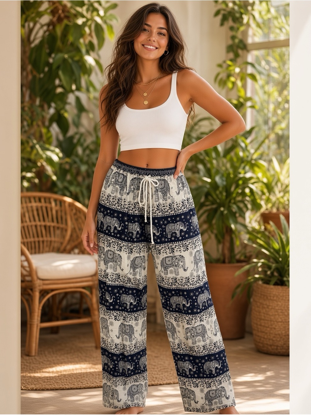 Thai Elephant Pants Navy Cream XL 100% Cotton Boho Wide Leg
Description: